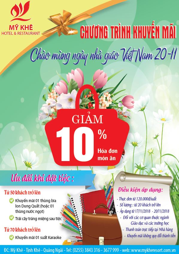 Chương trình khuyến mãi nhân ngày nhà giáo Việt Nam 20/11 tại Nhà hàng - Khách sạn Mỹ Khê - Quảng Ngãi