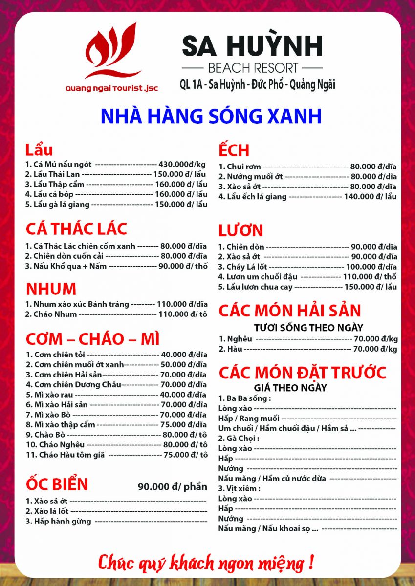 Thực đơn khai trương Nhà hàng Sóng Xanh - Khu du lịch Sa Huỳnh