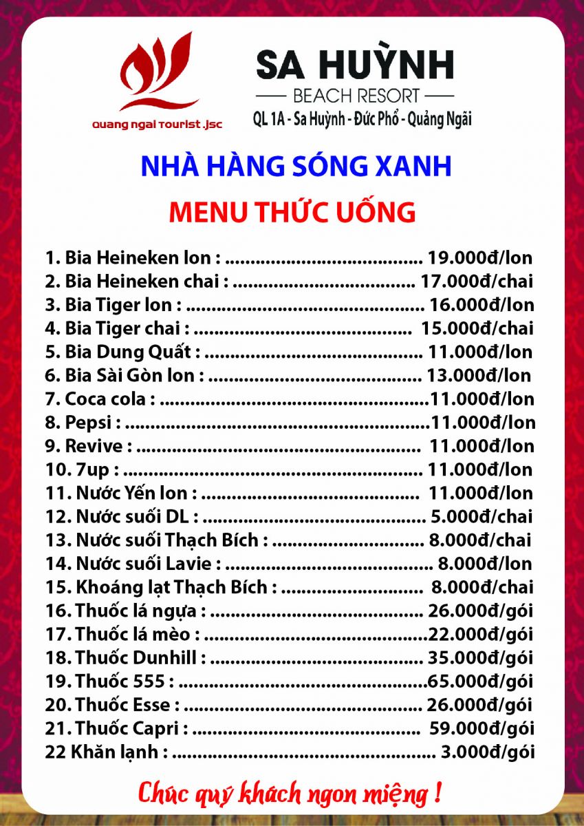 Thực đơn khai trương Nhà hàng Sóng Xanh - Khu du lịch Sa Huỳnh