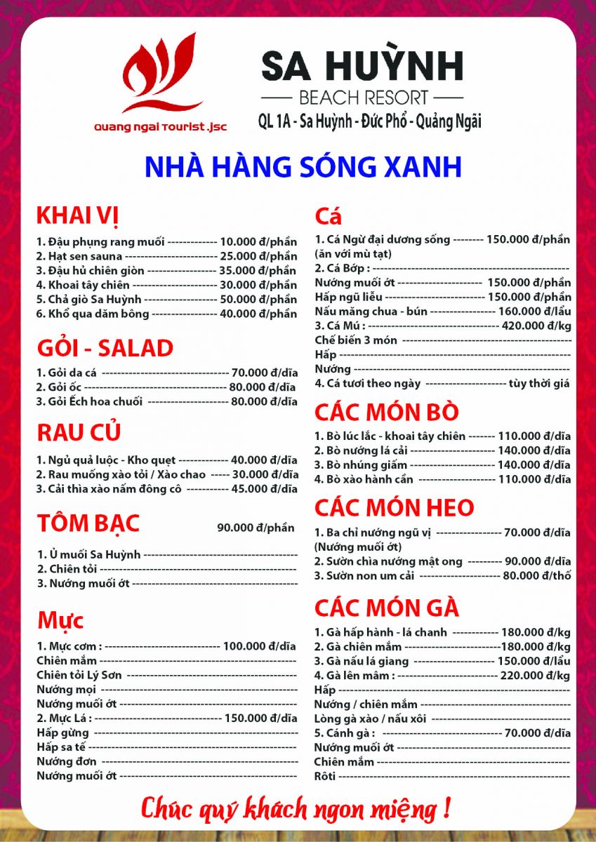 Thực đơn khai trương Nhà hàng Sóng Xanh - Khu du lịch Sa Huỳnh